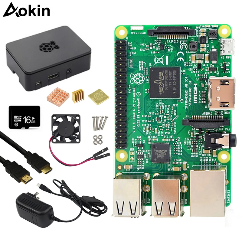 Raspberry Pi 3 Model B комплект 5V2. 5A блок питания с переключателем+ sd-карта 16G+ чехол ABS+ вентилятор охлаждения+ радиатор+ кабель HDMI+ камера 5 Мп
