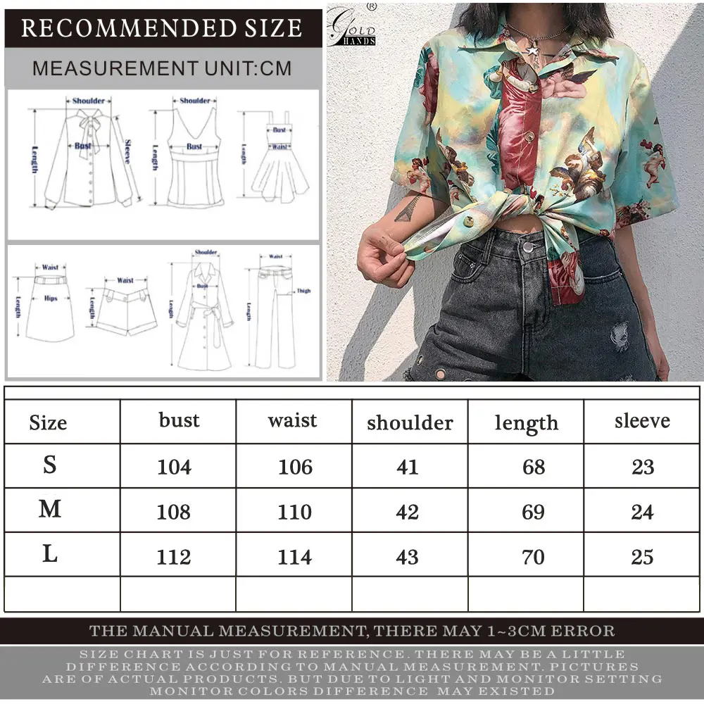Gold Hands Vintage Aesthetic Cupid Angel Print Women Blouse Shirt Cardigan Short Sleeve Summer Tops Graphic Button | Женская одежда