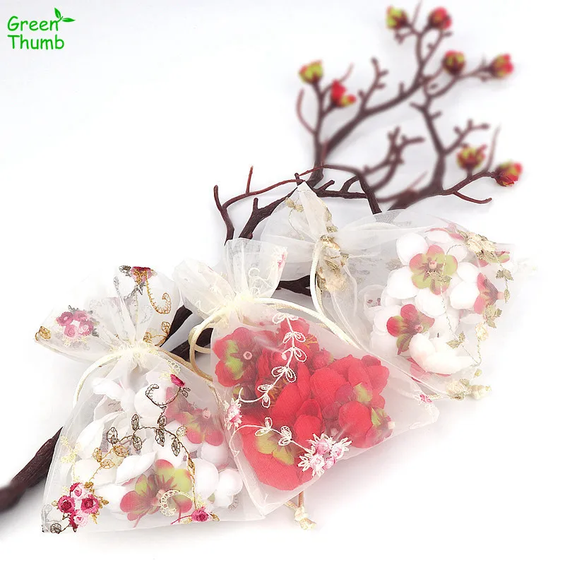 

32pcs 14x10 cm Pearl Yarn Drawstring Mesh Gift Bag Yellow Pink Red Embroidery Flowers Transparent With Candy Wedding Festival