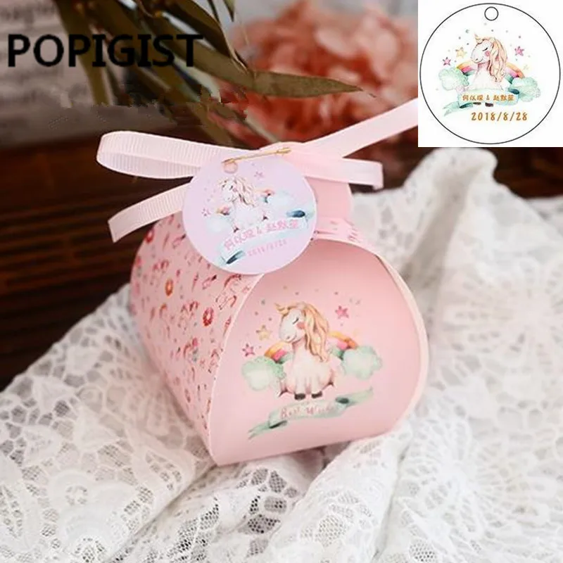 Personalized Персонализированные мультфильм конфеты Единорог коробки, свадебные сувениры bombaniera вечерние подарочная коробка бумажная посылка Радужная лошадь Конфета мешок DIY коробка - Цвет: Personalized