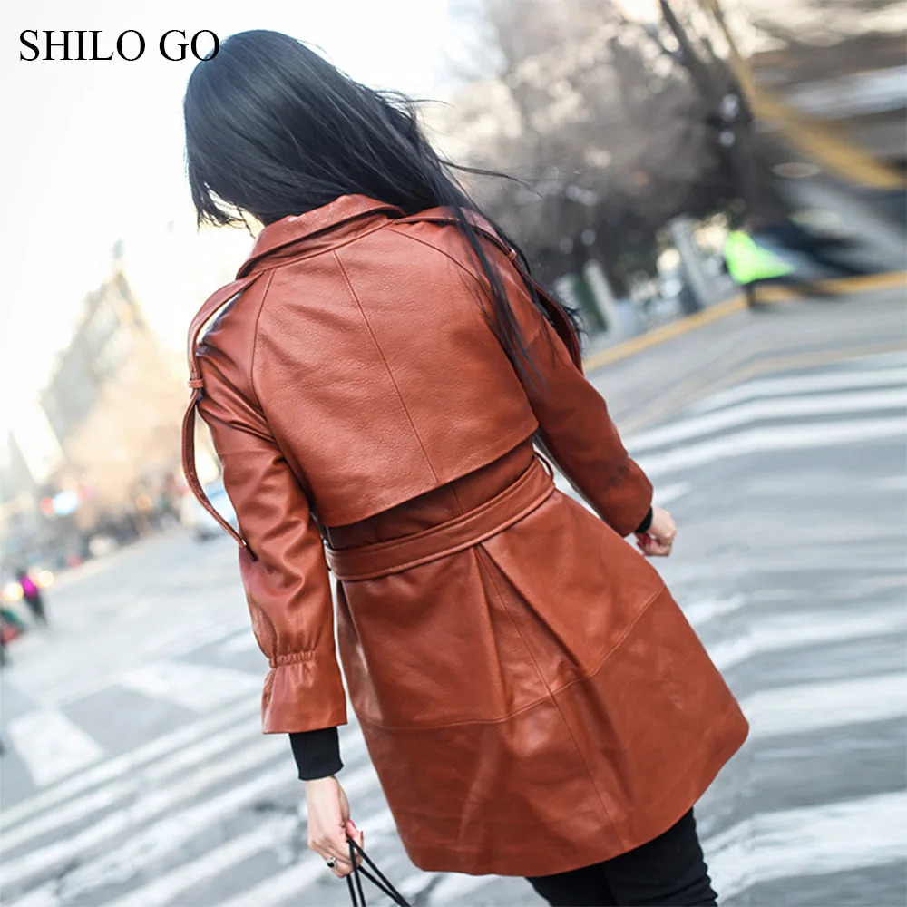 Тренч SHILO GO Женский из натуральной овчины длинный с отворотом и бантом на ремне
