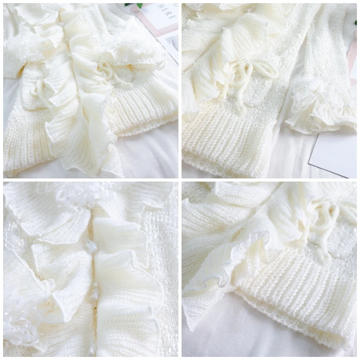 Elegant Knitted Open Sticch White Female Japan Princess Sweet Cute Ruffles Long Sleeve Cardigans Flare Women Sweater |