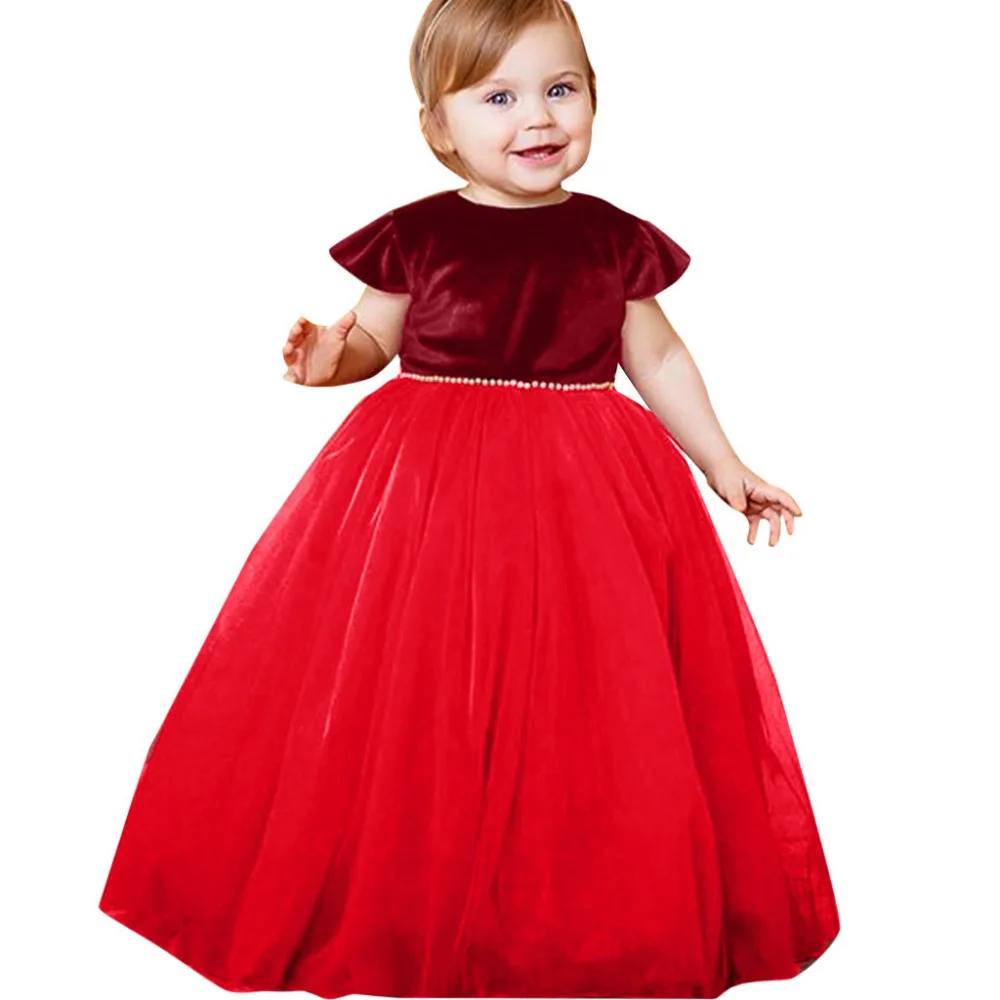 Toddler Baby Girls Kids Fly Sleeve Solid Pearl Party girls dresses summer 2017 kids Princess Wedding Dress JAN25 | Детская одежда и