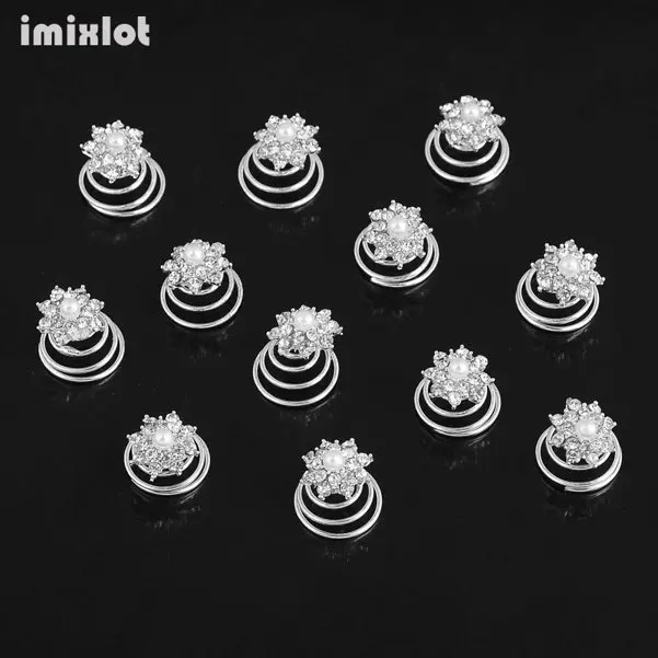 14 Imixlot 12pcs Bridal Crystal Pearl Flower Spiral Twist Hair Pins Clips Wedding Jewelry Bride Headdress Women Hair Accessories - Окраска металла: 14