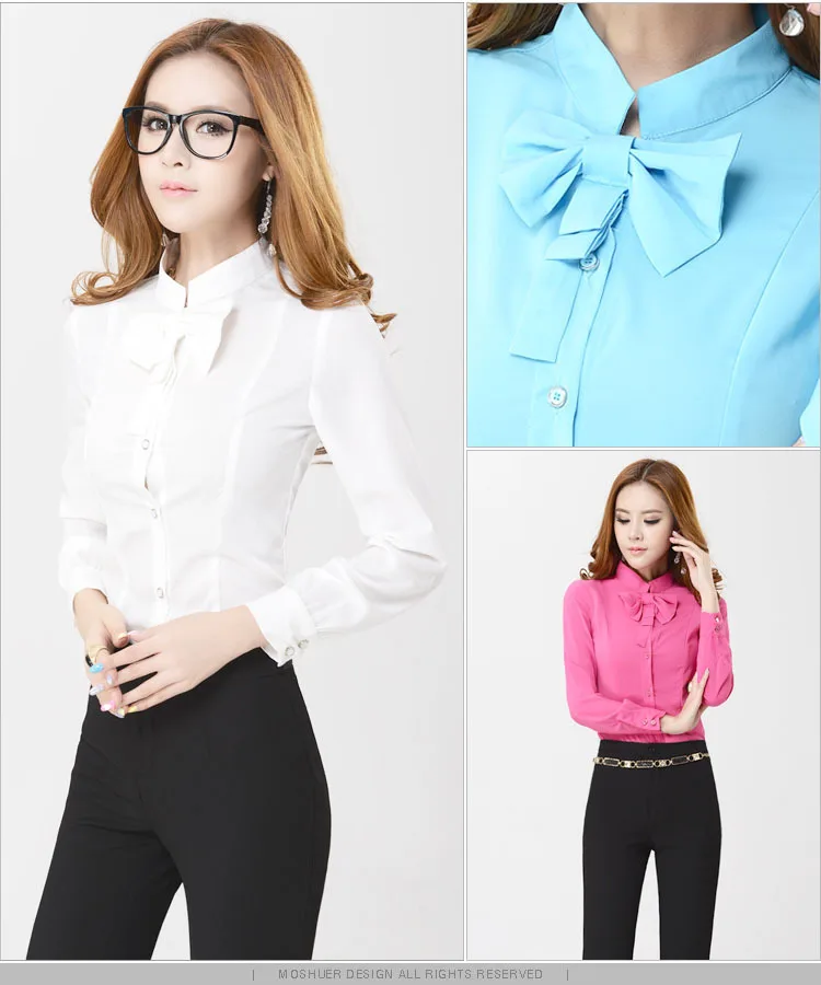 2015 новый формальные Большой размер женщин рубашки с длинным рукавом бантом