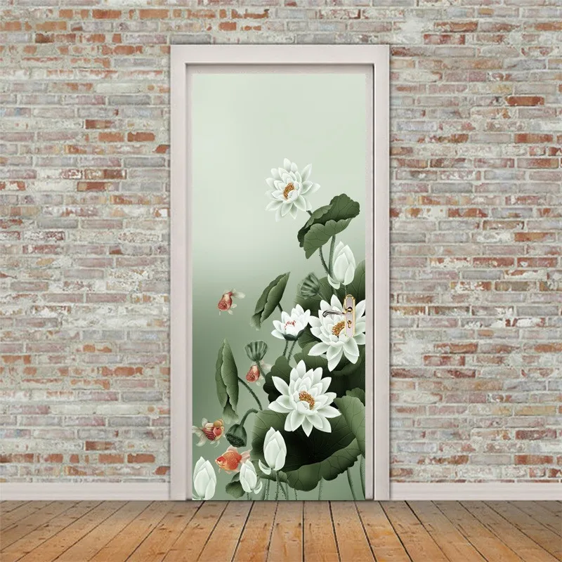 Окрашенные новые настенные двери Lotus Koi шаблон наклейки Diy самоклеющиеся