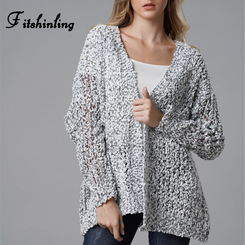 Женский ажурный кардиган fitshining однотонный Серый большого размера с открытым