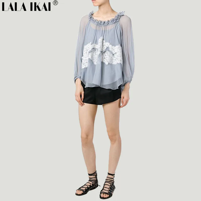 Бренд Chic осень для женщин Футболка Вышивка Твердые Голубой Для шифон Топы