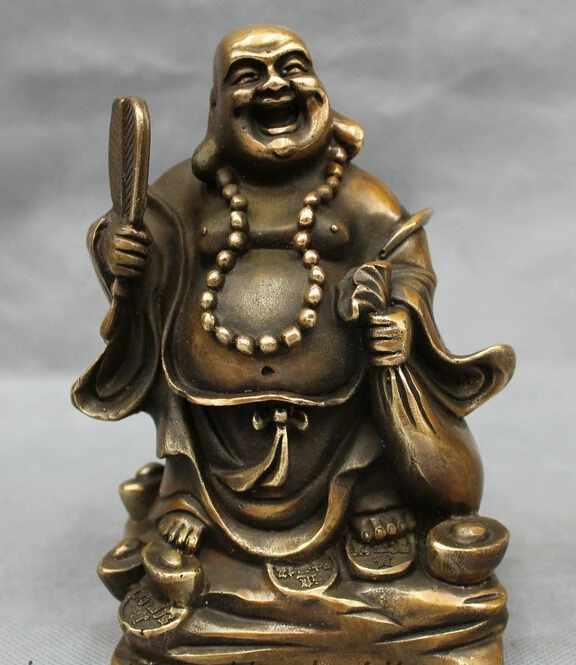 

xd 002022 Chinese Bronze Wealth YuanBao Coin Bag Fan Happy Laughing Maitreya Buddha Statue