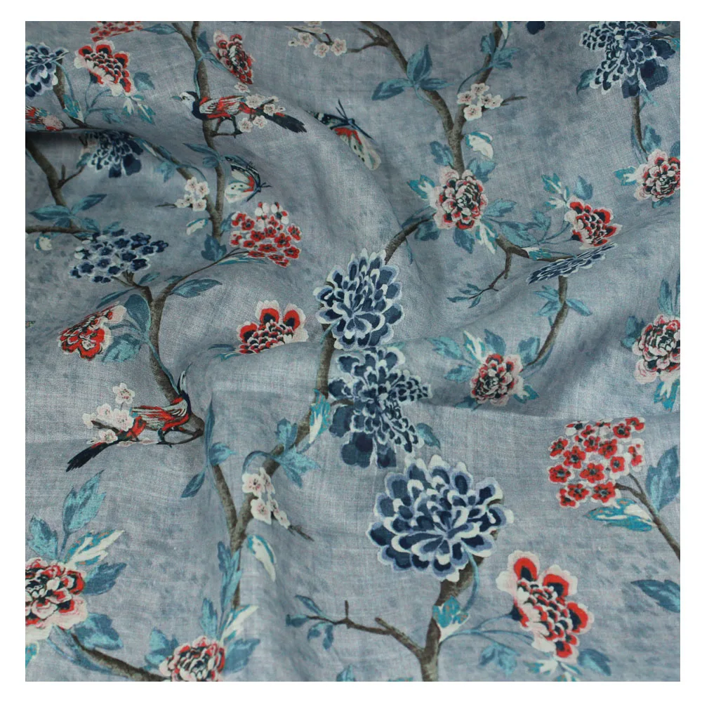 

New ramie printed fabric birdie summer day thin fine robe dress fabric
