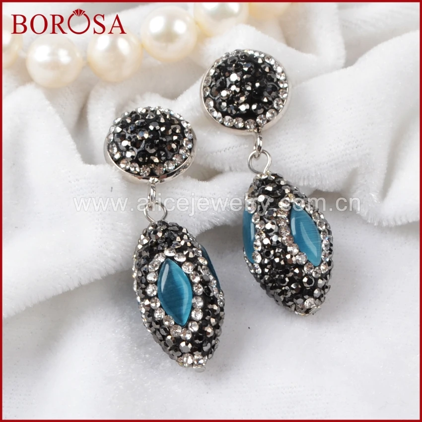 

BOROSA Drop Earrings Blue Cat Eye Stone Bead Charm Earrings, Handcrafted Pave CZ Around Dangle Gems Jewelry For Women JAB480