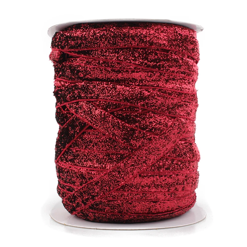 

1PC=50Y 3/8"=10MM OEM Highly-flexible Elastic Glitter Velvet Ribbon Ornaments Solid Metallic Nylon Band for Hair Accessories