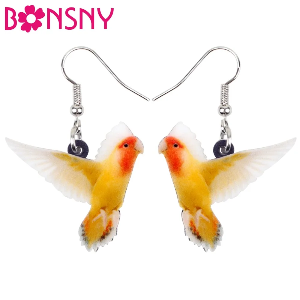 

Bonsny Acrylic American-yellow Peachface Lovebirds Parrot Bird Earrings Big Long Dangle Drop Fashion Jewelry For Women Girl Teen