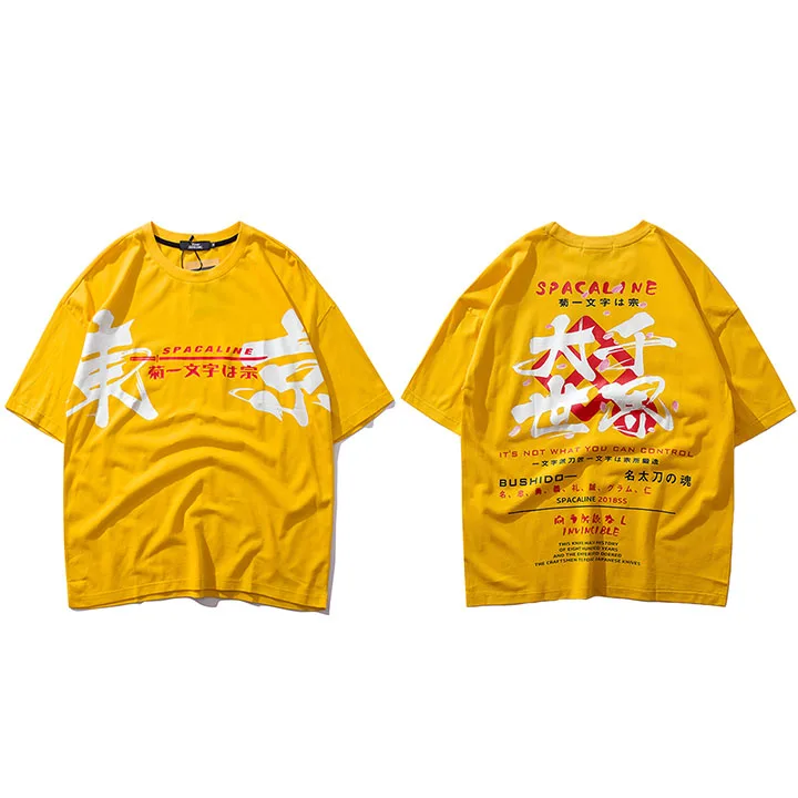 A92211 Yellow Японская футболка Харадзюку, уличная Мужская футболка в стиле хип-хоп, летняя футболка в японском стиле, топы с буквенным принтом в виде топа с коротким рукавом из хлопка - Цвет: A92211 Yellow