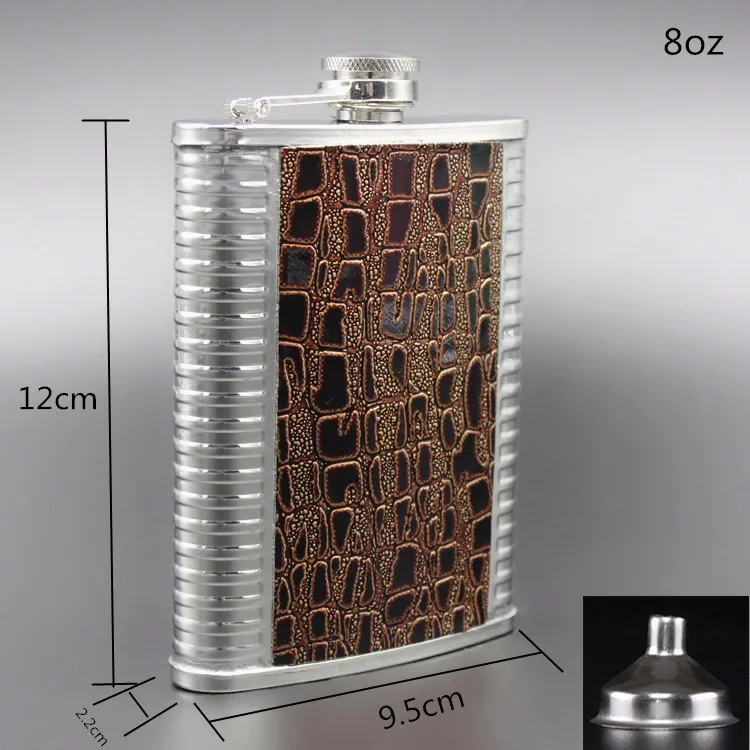8oz Leather 7 унций, портативная фляжка из нержавеющей стали, фляга, виски, винный горшок, бутылка+ Воронка+ чашка, туристический тур, Классическая посуда для напитков - Цвет: 8oz Leather