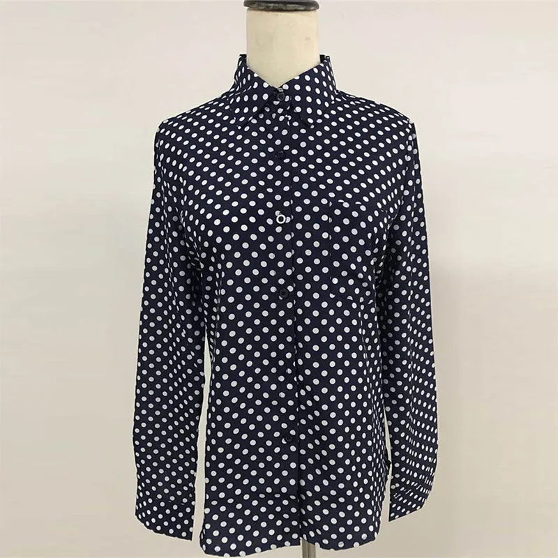 2018 Summer New European and American Women Lapel Shirt Long Sleeves Dot Print Chiffon |