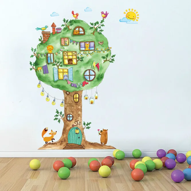 Большой мультфильм tree house windows стикер отличительные знаки Дети home спальня Детский