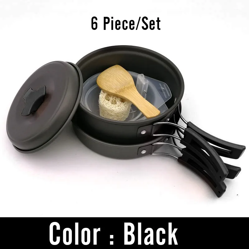 Black 7 шт./компл. 1-2 человек Портативный уличная походная кухонная посуда Пособия по кулинарии пикника кастрюля, миска, сковорода Наборы алюминиевого сплава посуда - Цвет: Black
