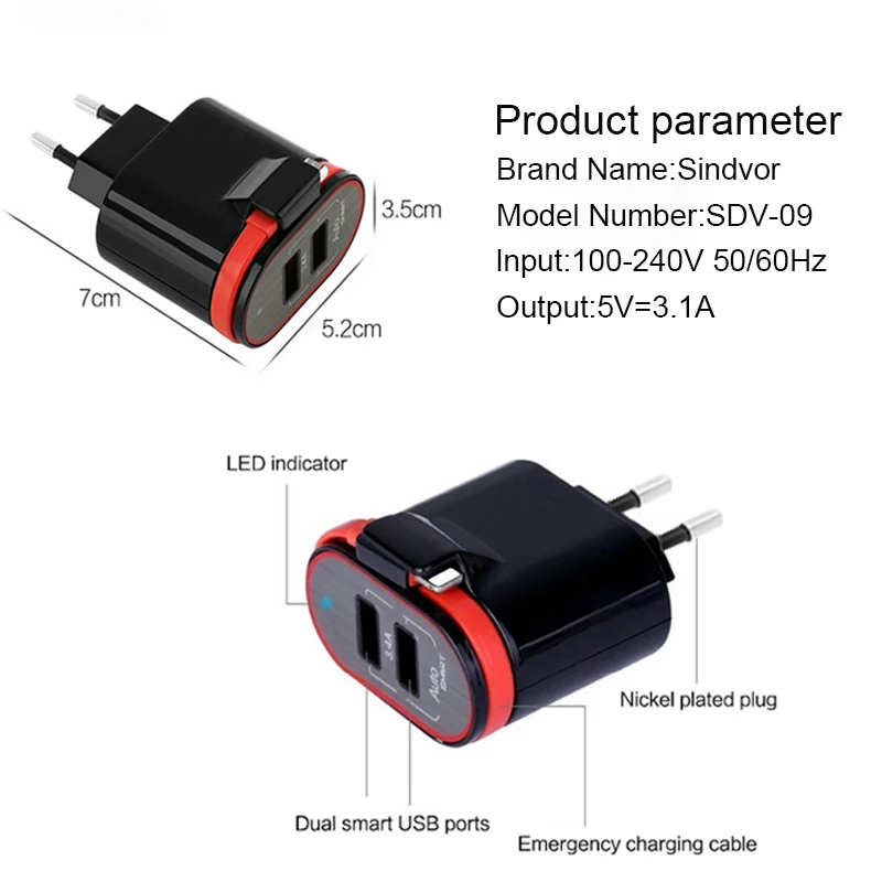 Sindvor 5V 3.1A 2 порта USB зарядное устройство со встроенным кабелем EU Быстрая зарядка настенное зарядное устройство для iPhone X 8 Plus samsung Carregador USB