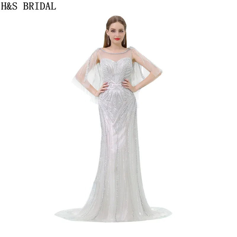 Женское вечернее платье Русалка H & S серебристое Прозрачное из тюля с глубокой