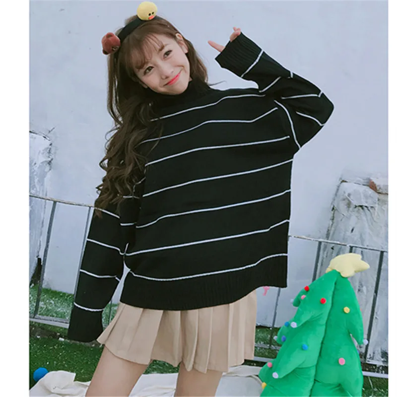 Yuzhenli 2018 Autumn Women Casual Pullovers Sweaters Knitted Sweater Winter Loose Warm Striped Turtleneck | Женская одежда