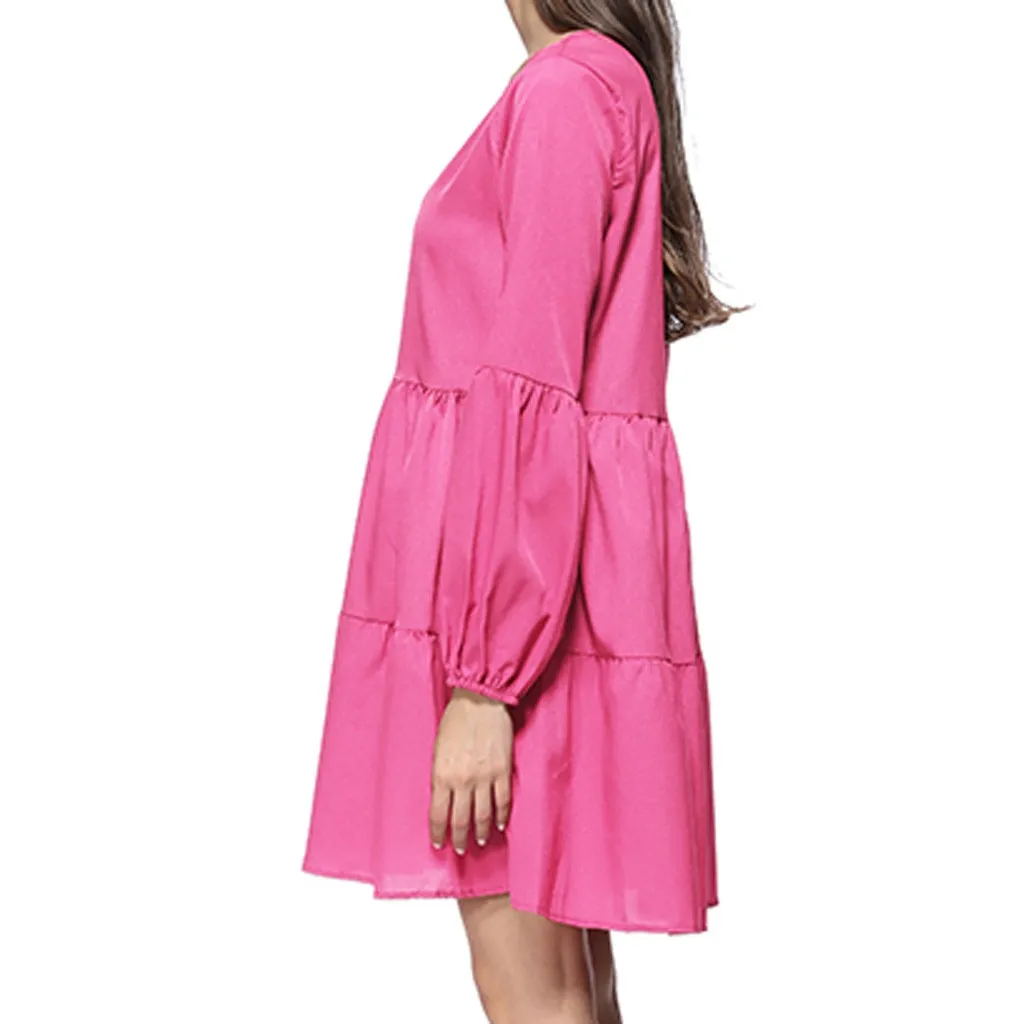 Женское однотонное короткое платье с V образным вырезом и длинным