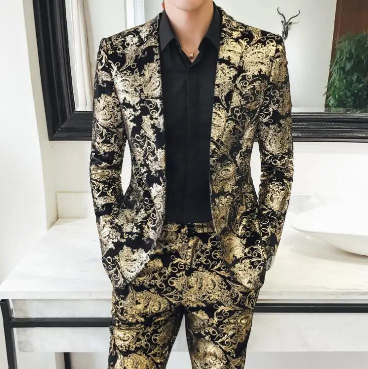 

HOT Tide Non-iron Plus size pleuche Jackets Spring Autumn New Korean Men's Casual Flower Suit Chinese Style Slim Fit Small Suits