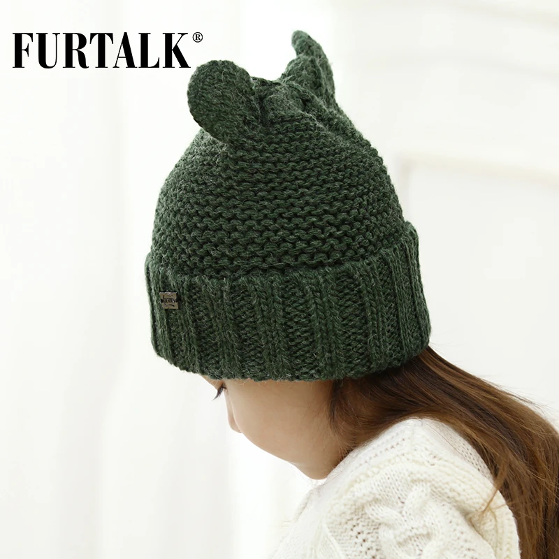 Furtalk Детская Зимняя шерстяная вязаная Skullies шапочка прекрасный ребенок уха шапки для девочек и мальчиков