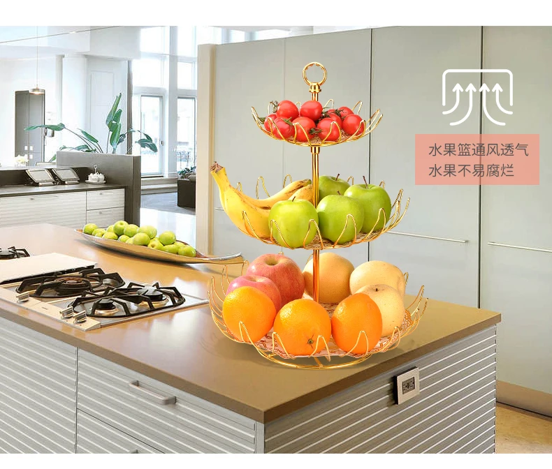 3 уровневая металлическая железная корзина для хранения фруктов Золотая