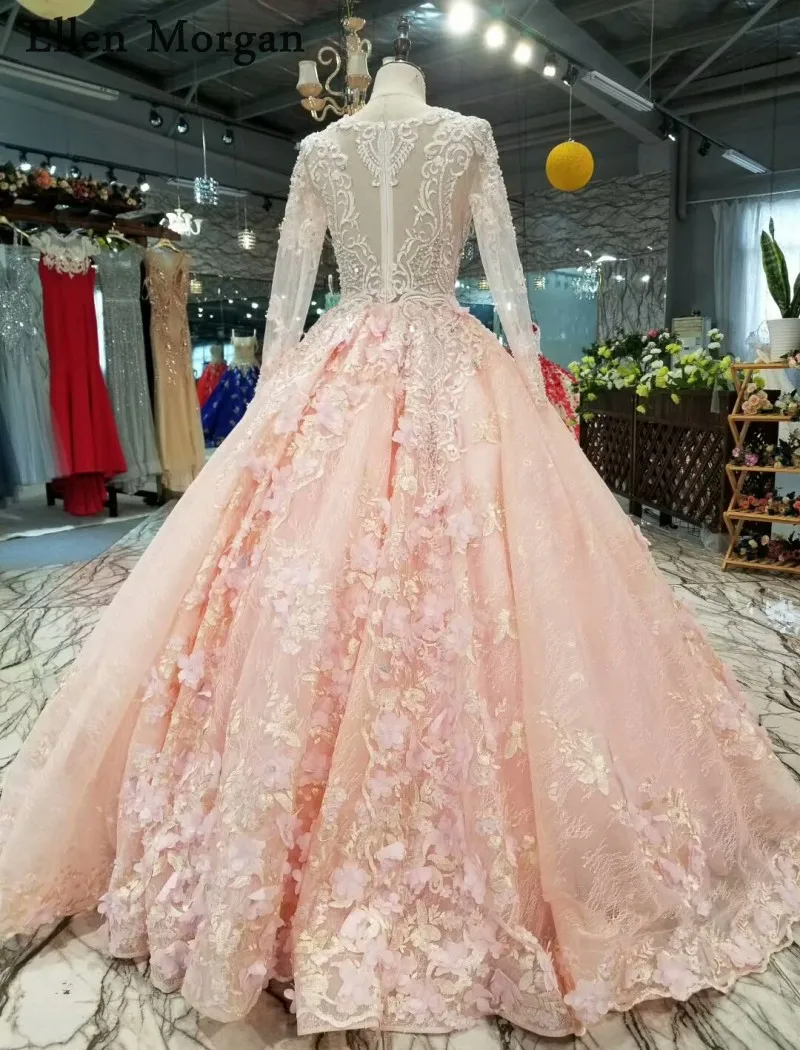 Розовое кружевное свадебное платье с длинными рукавами 2019 цветами украшенное