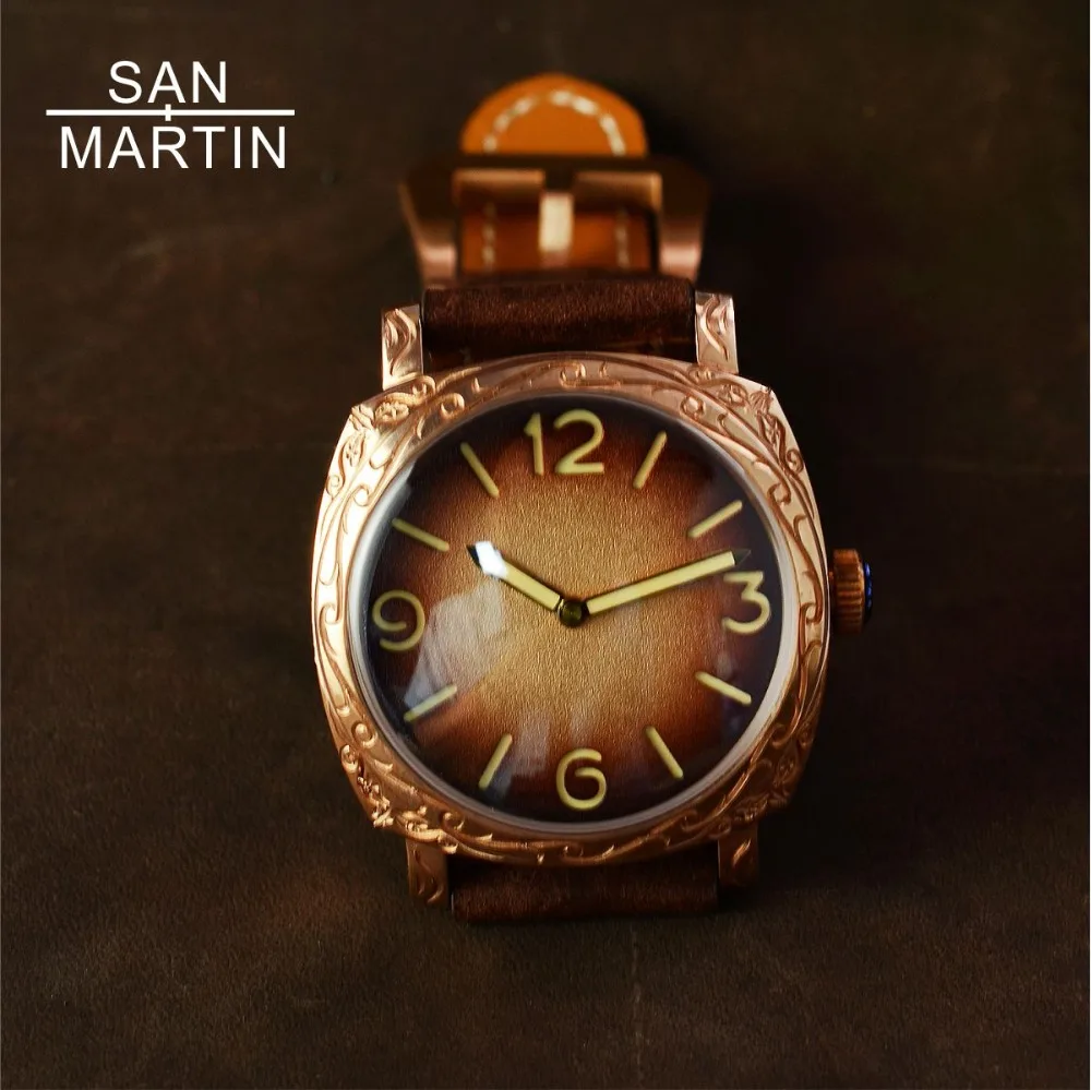 San Martin новые мужские автоматические часы винтажные бронзовые резные 100 м