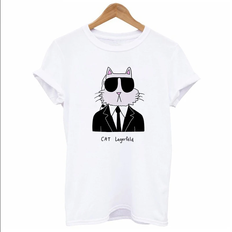 Футболка в стиле Vogue Karl Lagerfeld Женская белая модель футболка с котом Harajuku Топ