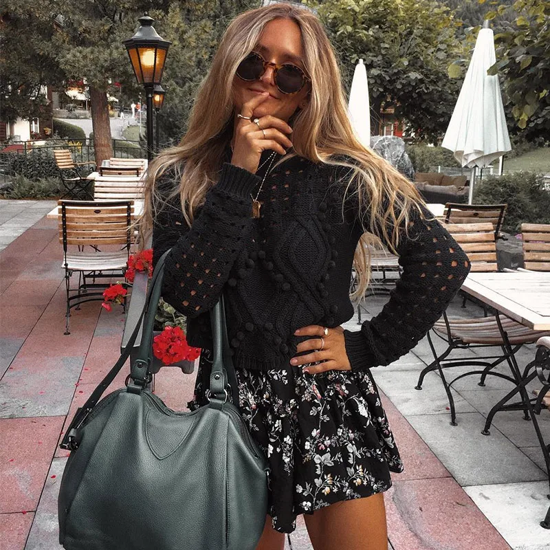 Sweater Women Pullover Knitted Hollow Out Pompom Long Sleeve Turtleneck Autumn Winter Casual Sweaters Knitwear Ladies | Женская одежда