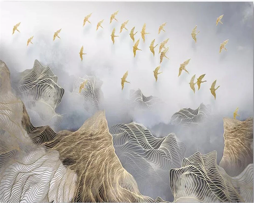 

beibehang Large wallpaper New Chinese 3d Landscape Gold Lines Birds TV Background Wall papel de parede 3d wallpaper behang