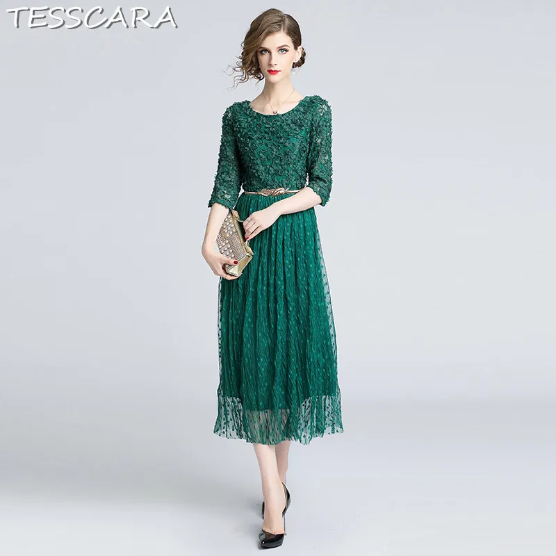 Green TESSCARA для женщин Весна и Лето Элегантный Сетчатое платье Festa женский аппликации дизайнер Офис Вечерние Партии Vestidos Винтаж кружево роковой - Цвет: Green