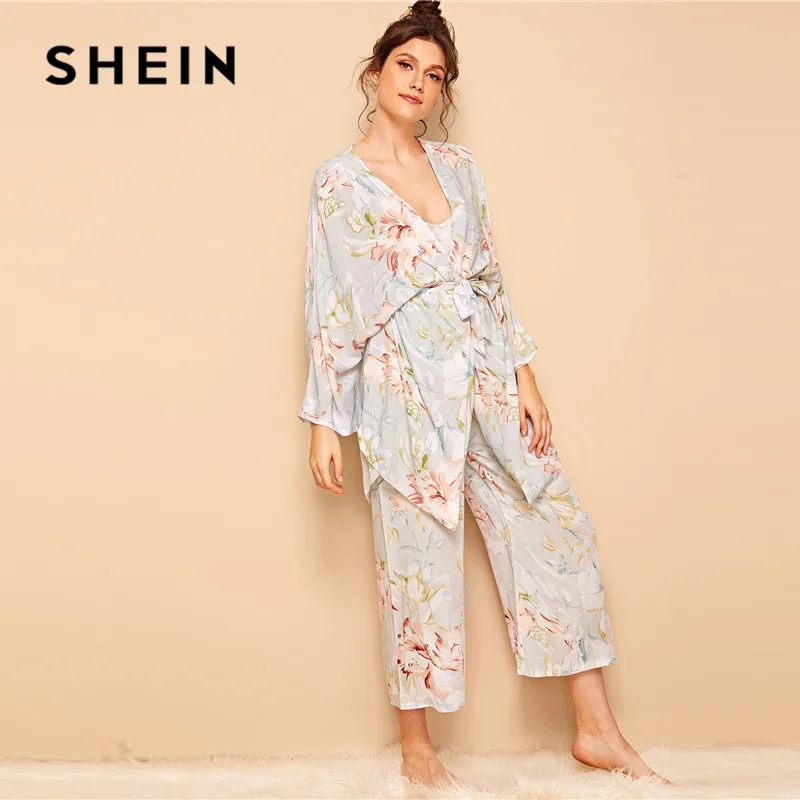 SHEIN цветочный принт Cami пижамный комплект с халатиком для женщин Летняя повседневная одежда для сна Спагетти ремень с длинным рукавом поясом женский халат
