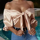 Сексуальный топ с воротником-лодочкой, женские укороченные рубашки с открытыми плечами и рукавом 34, футболка с галстуком-бабочкой, летняя стандартная атласная одежда