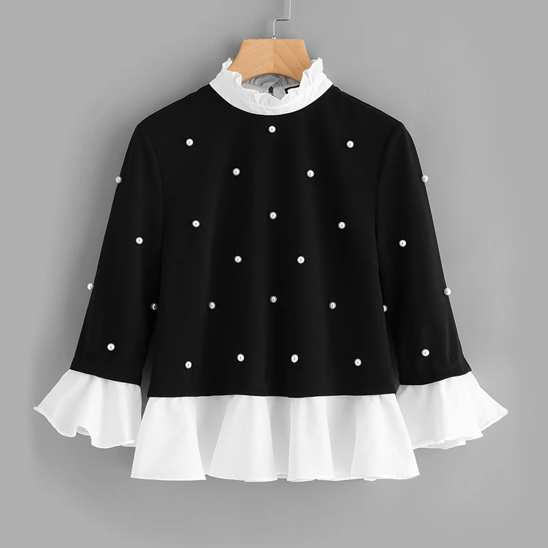 SHEIN Модный Топ С Оборкой И Бусинами Женская Черная Осенняя Блузка Со Стоячим Воротником И Длинными Рукавами