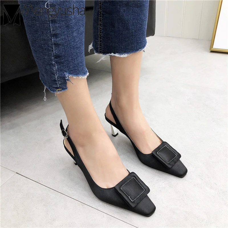 Sandalias Mujer/2019 г. Новые атласная квадратной пряжкой Стилет на высокий каблук