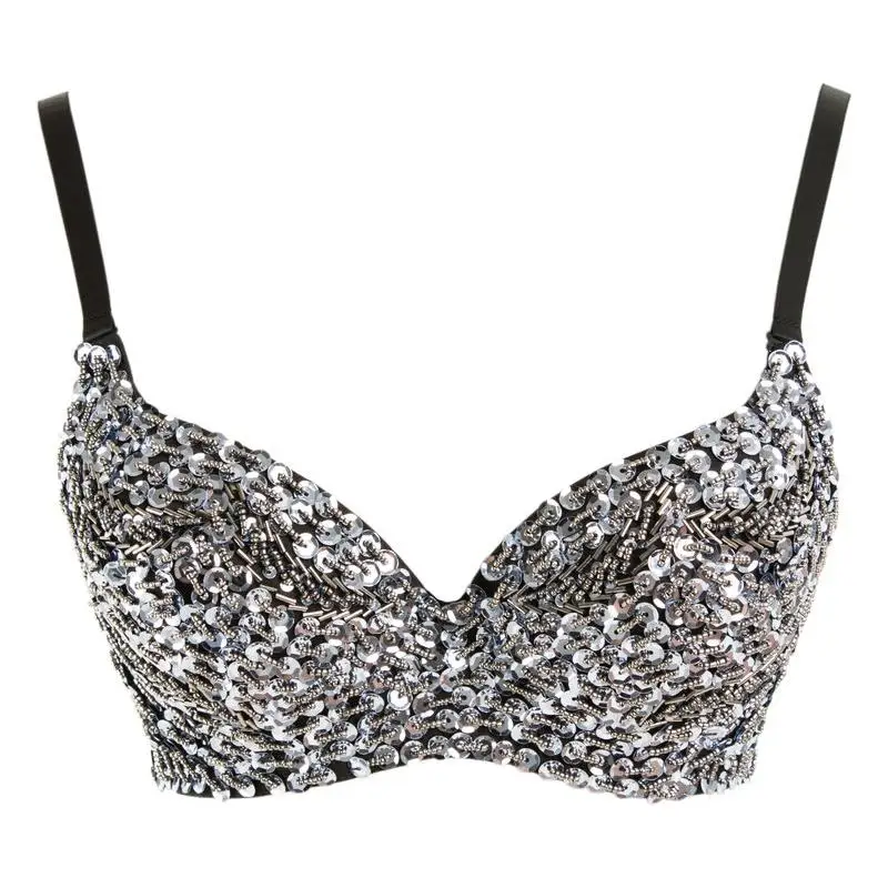 

Бюстгальтер на косточках с блестками и бусинами, экзотическое нижнее белье оранжевого и серебристого цвета для клувечерние, 32B 34B 36B 38B 40B