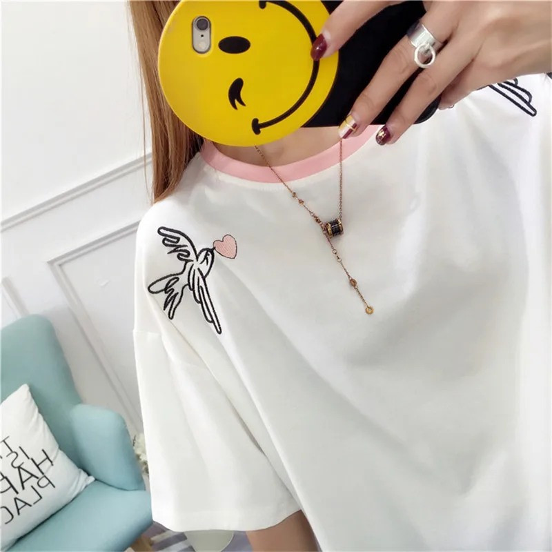 Лето 2018 г. любовь товары для птиц вышитая Футболка колледж лоскутное свободные