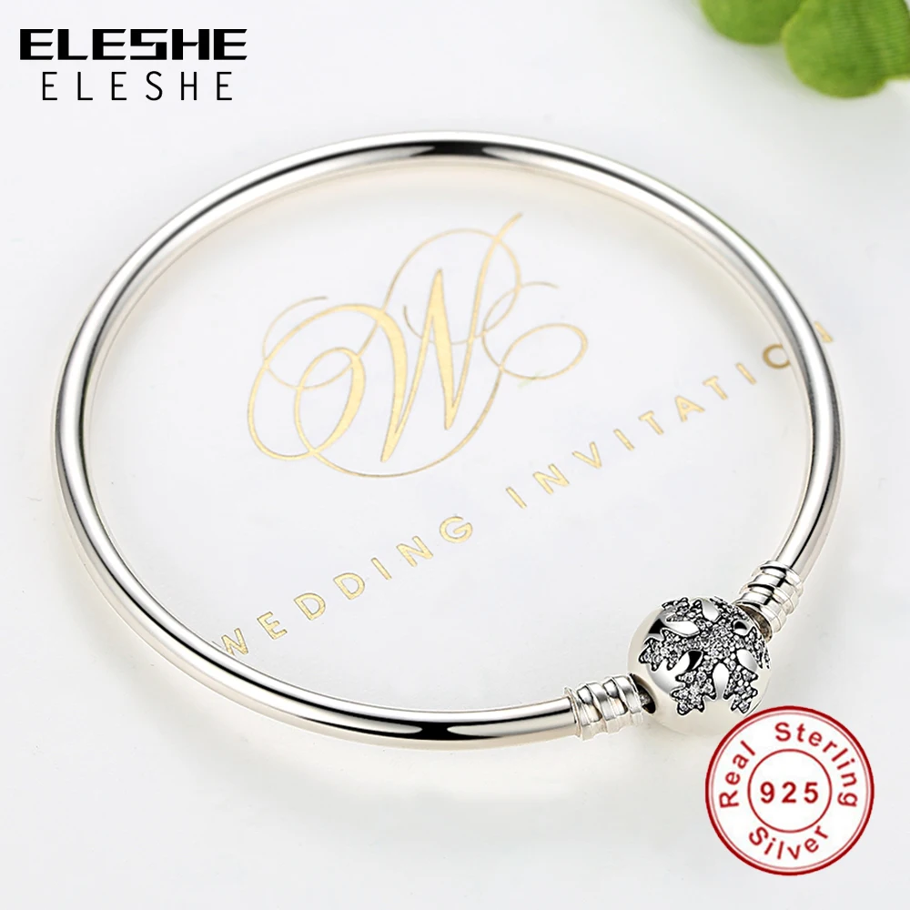 

ELESHE 100% 925 Sterling Silver Bracelet Bangle with Crystal Snowflake Clip Charm Bracelet For Women Luxury DIY Jewelry
