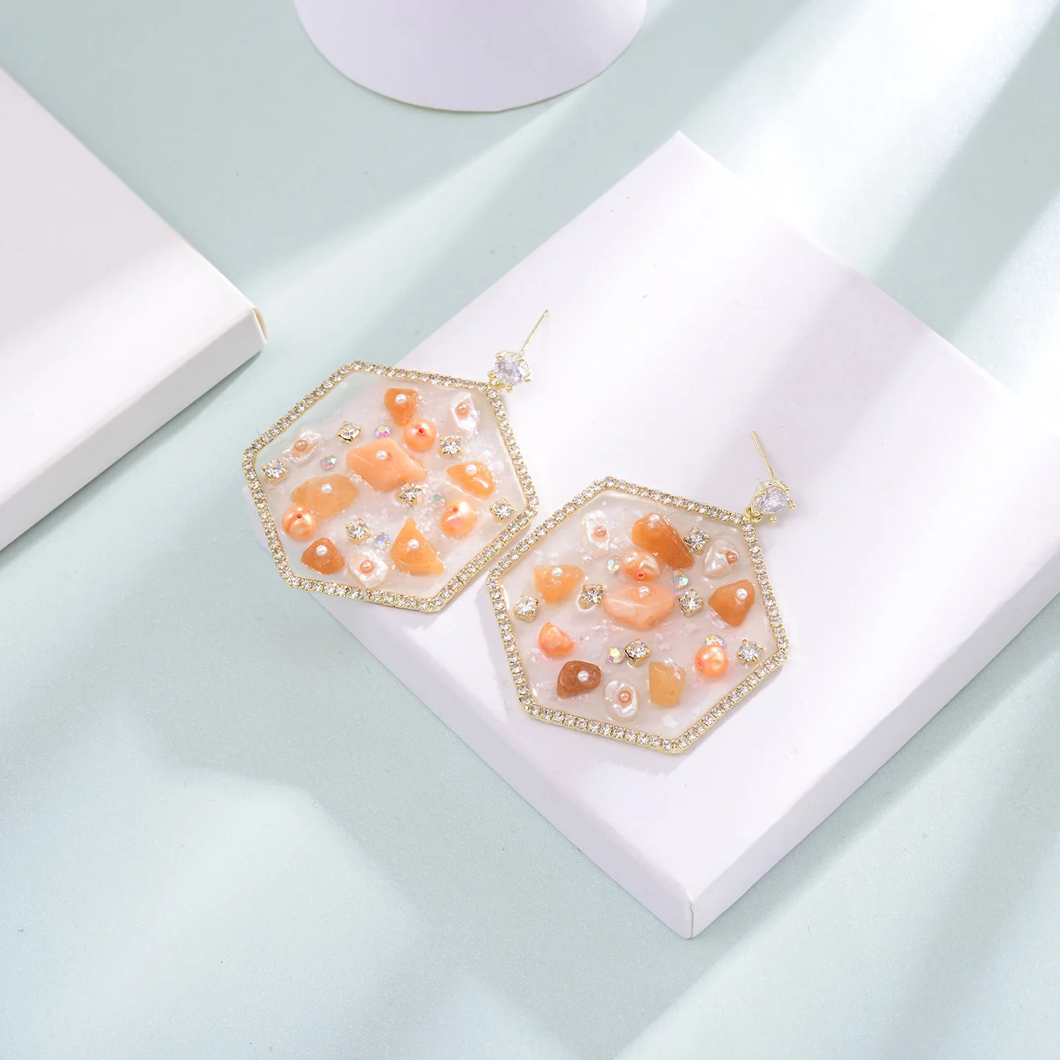 Hexagon Orange Stone Drop Earrings For Women New Copper Crystal Pearl Earring Fashion Jewelry pendientes mujer 2020 D20 | Украшения и