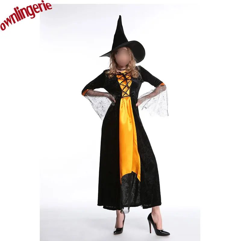 Новый стиль костюм ведьмы на Хэллоуин для взрослых сексуальный желтый и черный