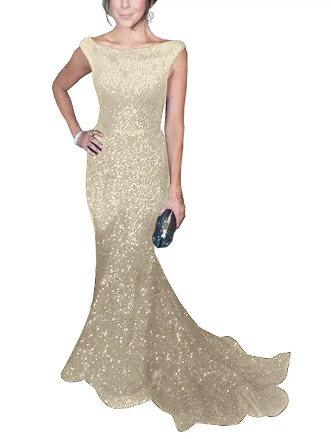 Solovedress ткань Кепки одежда в морском стиле с длинными рукавами с пайетками вечернее платье, с вырезом лодочкой, блестящие вечерние платья vestido de fiesta SLD-SLP9009 - Цвет: Champagne