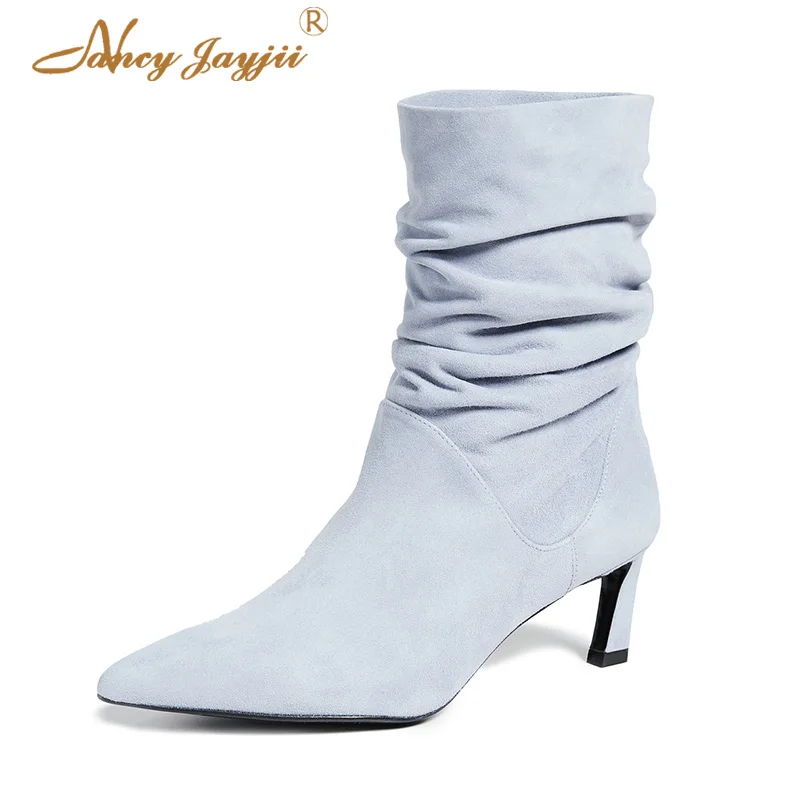 

Light Blue Red Flock Ankle Woman Boots Shoes Hoof Thin Heel 6cm Dress Autumn 2021 Female Brand Casual Soft Large Size 38 39
