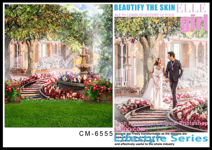 Синий винтажный свадебный фон для фотосъемки с изображением зеленого дерева