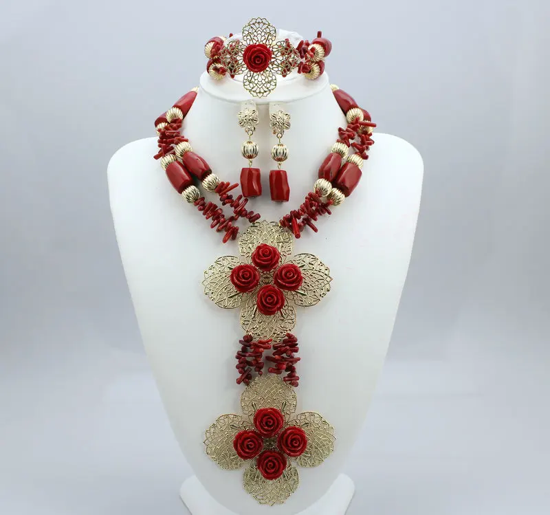 Новая африканская красные коралловые бусины набор украшений для женщин комплект