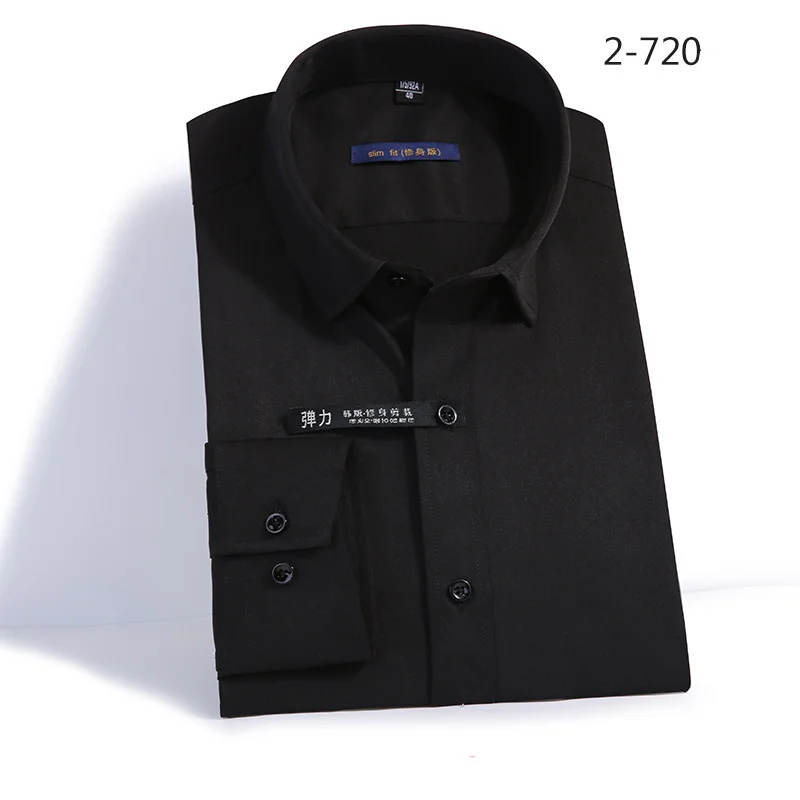 2-720 Black Эластичное облегающее мужское платье, Повседневная рубашка с длинными рукавами, белая, черная, синяя, красная, мужская деловая рубашка, классический однотонный дизайн - Цвет: 2-720 Black