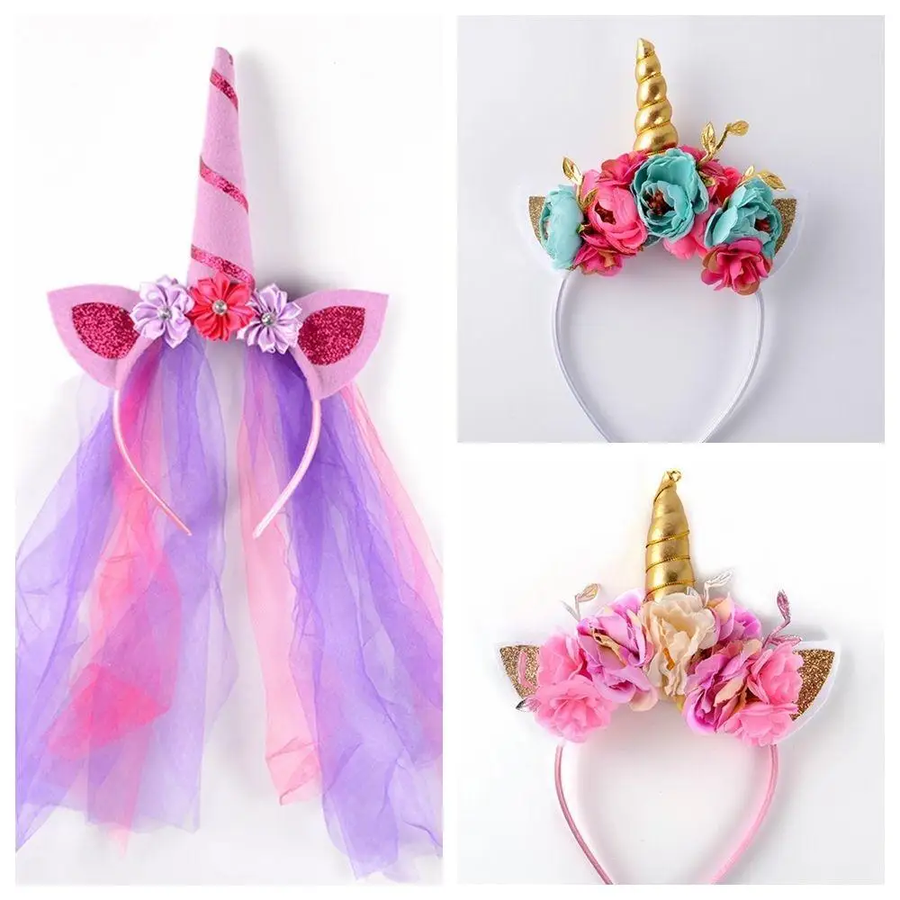 None Party Headband Unicorn Delicate Horn Xmas Headwear Chiffon Flower Birthday Girls Fashion Gorgeous Elastic Hairband | Детская одежда